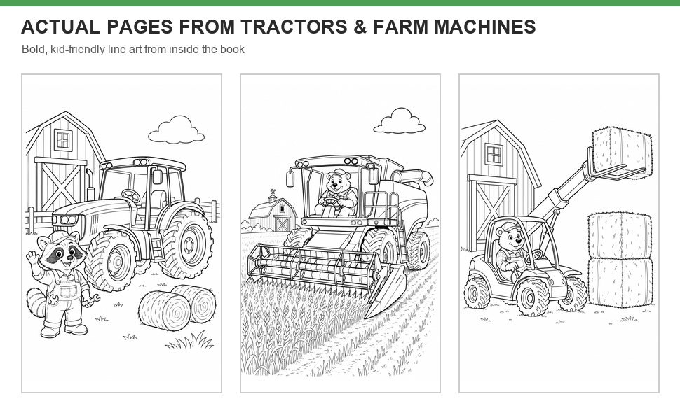Actual tractor and farm machine pages from inside the book