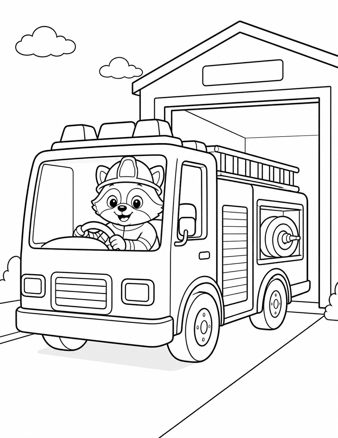 Free raccoon firefighter and fire engine coloring page